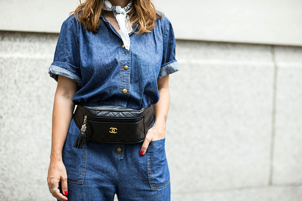 LONDON, ENGLAND - JUNE 12:  Sara Reverberi wears a vintage denim jumpsuit and Chanel fannypack during The London Collections Men SS16 at  on June 12, 2015 in London, England.  (Photo by Melodie Jeng/Getty Images)